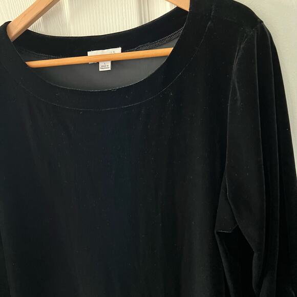Susan Graver Black Velour Shift Dress Size Large 3/4 Rouch sleeve Stretch - Picture 3 of 11